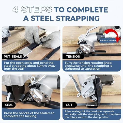 3-in-1 Pneumatic Steel Strapping Machine, Heavy Duty Metal Strapping Tool Set, Portable Tensioner Cutter Sealer for 19mm Steel Bands, Efficient Packaging Solution