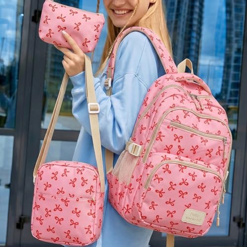 Conjunto de 3 mochilas artísticas com estampa de borboleta – Bolsa de viagem casual de grande capacidade com lancheira e estojo, Fúcsia, Large, Campus juvenil