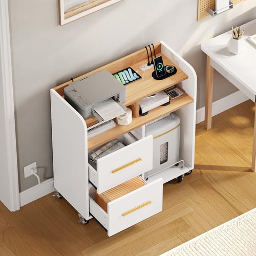 YITAHOME File Cabinet with Charging Station, Printer Table Cabinet for Home Office, Printer Stand Cart, Fits A4, Letter, Legal Size Files, Office Furniture, White