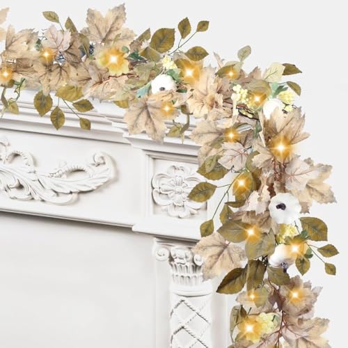 Image of Sggvecsy Fall Maple Leaf Garland with Lights Artificial Fall Garland Autumn Hanging Foliage with White Pumpkins Berries Twigs for Home Indoor Outdoor Thanksgiving Harvest Fireplace Mantle Party Decor