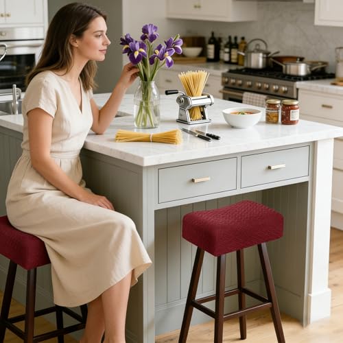 Image of Waterproof Saddle Bar Stool Covers Set of 2 14X18Inch Stretch Rectangle Burgundy Barstool Covers Counter 2 Pack Jacquard Washable