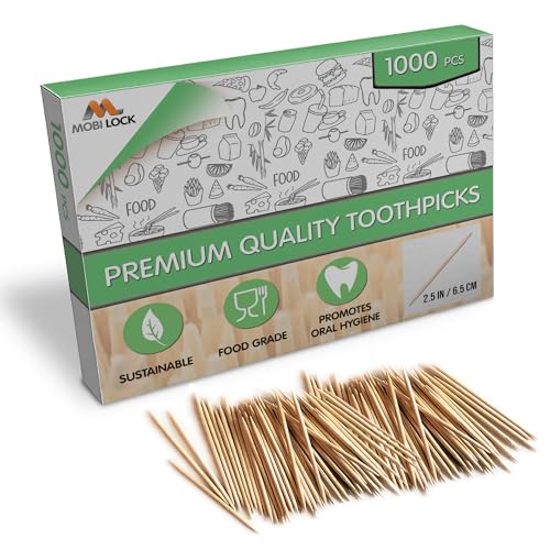 1000 Stück Bambus-Zahnstocher - Doppelseitige Holz-Zahnstocher - Für Persönliche Hygiene, Vorspeisen-Spieße, Cocktail-Sticks, Zahnstocher oder Kunst & Basteln - von Mobi Lock 1000 Stück Bambus-Zahnstocher - Doppelseitige Holz-Zahnstocher - Für Persönliche Hygiene, Vorspeisen-Spieße, Cocktail-Sticks, Zahnstocher oder Kunst & Basteln - von Mobi Lock