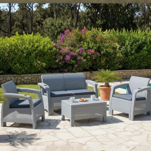 مجموعة كنبة خارجية | 4 مقاعد | راتان بلاستيكي متين | خفيف الوزن وقابل للنقل | تتضمن طاولة قهوة (رمادي فضي)