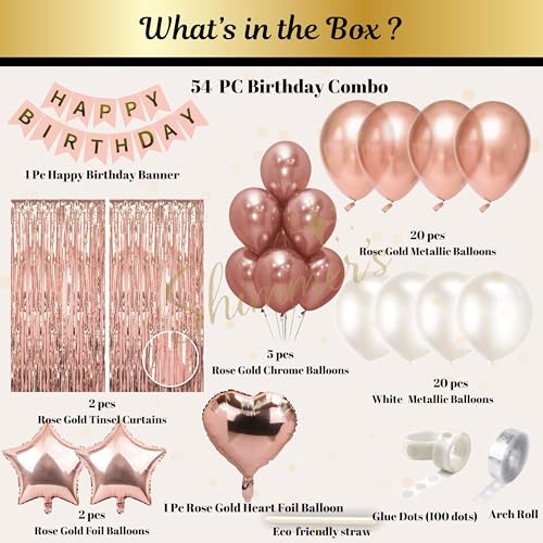 Image of Shimmers 54 Pc Birthday Decoration Combo with Happy Birthday Banner, Rose Gold & White Metallic Balloons, Tinsel Curtains, Heart & Star Foil Balloons, Glue Dots & Arch Roll for Party Decoration Setup