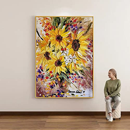 Peinture à l'huile tournesol 3D grande taille faite main pour salon élégant