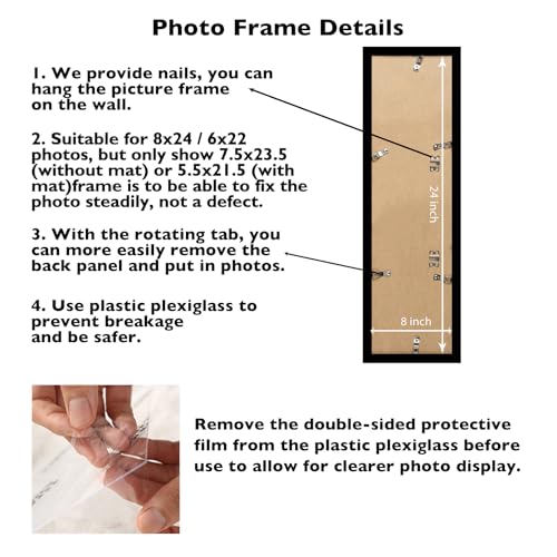 Image of JCJMY 8x24 Picture Frame with 6x22 Mat, Panoramic Picture Frame Display Photo 6x22 with Mat or 8 x 24 Without Mat, Wall Hanging Large 8 by 24 Poster Frame with Plexiglass, Black