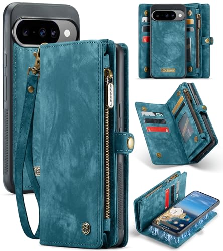 Image of Pixel 10/10 Pro Case, Wallet Style Magnetic Detachable 2-in-1 Leather Cover for Google Pixel 10/10 Pro Case with Card Slots, Shockproof, Zipper Purse, Wireless Charging, Kickstand Holder, Blue