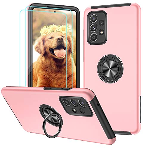 for Galaxy A52 5G Case Galaxy a52 4G Phone Case with 2 Pack Tempered Glass Screen Protector Heavy Duty Metal Ring Holder Kickstand Military Grade Shockproof Magnetic Protective Hard Cover (Pink)
