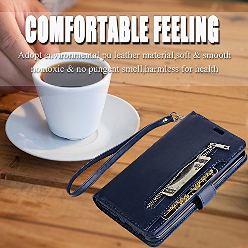 Auker Galaxy S7 Wallet Case For Women/Men, Trifold 9 Card Holder Premium Folio Flip Leather Magnetic Wallet Case With Strap Full Body Protective Zipper Pocket Purse Case For Samsung Galaxy S7 Navy #TOP6