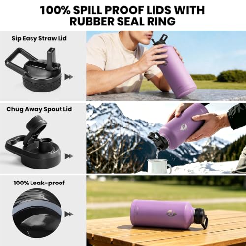 Image of RAYMYLO Insulated Water Bottle 87 oz, Triple Wall Vacuum Stainless Steel (Cold for 48 Hrs), Leak Proof & Non-BPA, Modern Water Flask Jug with Paracord Handle & Straw Spout Lids, Light Purple
