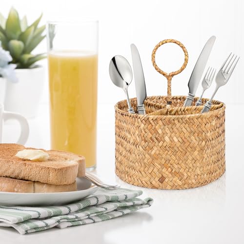 Yifanzhibian Cutlery Holder, Hand-Woven Seagrass Utensil Caddy, Silverware Caddy Spoon Holder, Utensil Organizer For Countertop, Flatware Caddy With Handle thumb #5