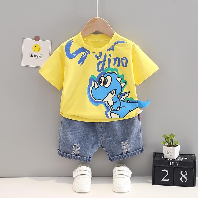 Image of Googo Gaaga Cotton T-shirt with Bottom Folded Denim Shorts - Clothing Set for Baby Boys | Toddlers | Half Sleeves | Cute Dinosaur Cartoon Printed | Round Neck | Dress for Kids