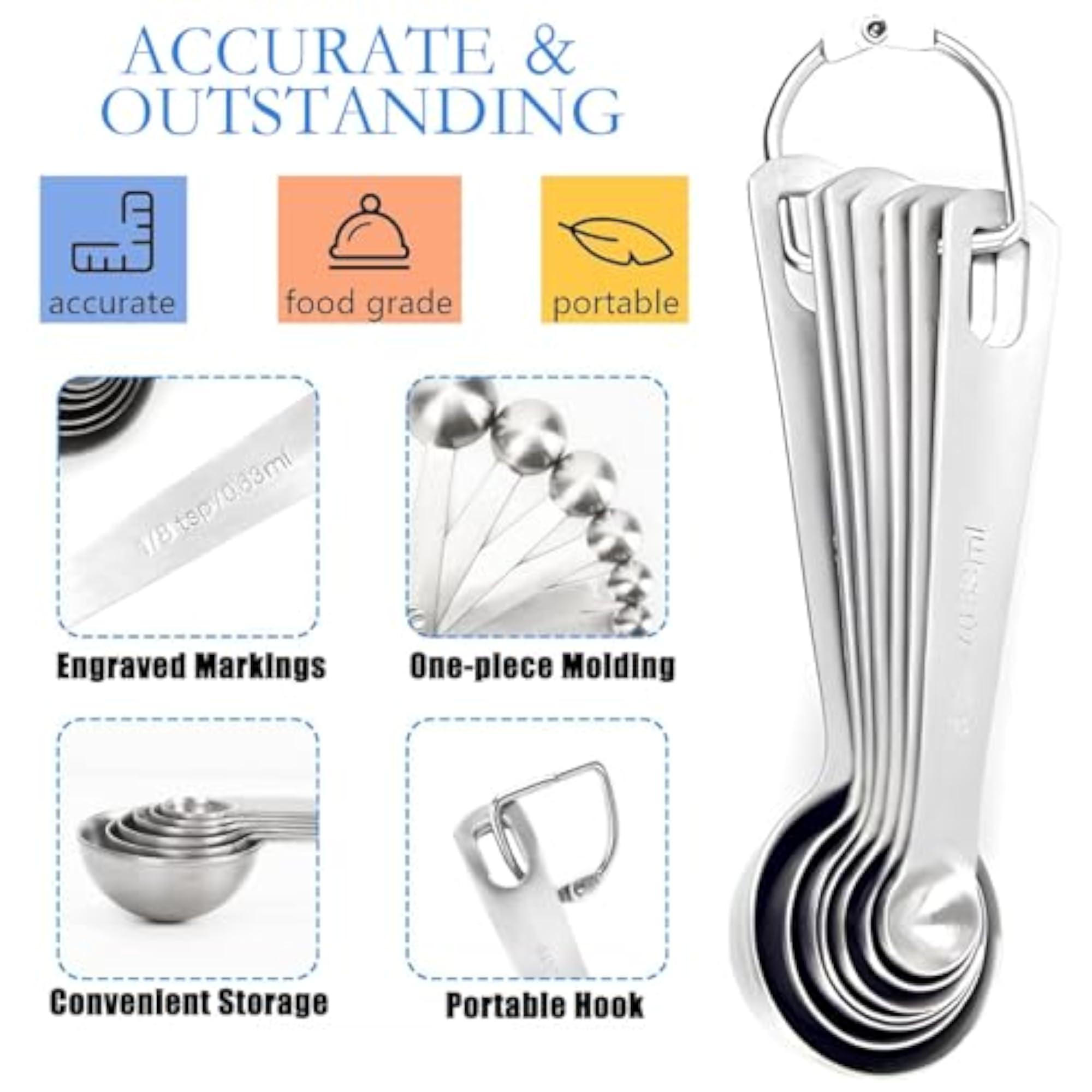 6Pcs Measuring Spoons, Stainless Steel Kitchen Tools with Measurement Markings