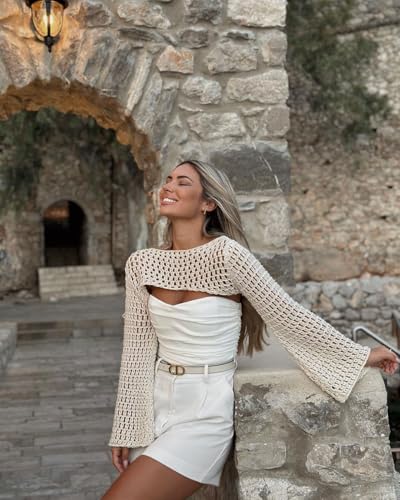 Image of Womens Crochet Crop Tops Y2k Knit Shrug Sweater Hollow Out Long Sleeve Bikini See Through Cover Ups