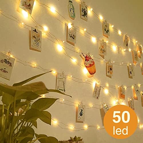 50 LED Photo Clip String Lights with Timer, 5M Photo Peg Fairy Lights with 30 Clips Battery Powered Hanging String Photo Frame Lights for Bedroom Birthday Wedding Party Christmas Decor (Warm White)