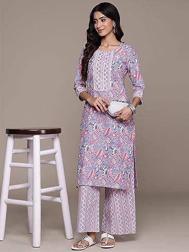 Image of anubhutee Women's Cotton Blend Floral Printed Off White Straight Kurta Suit Set with Trousers