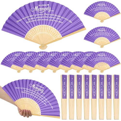 Image of Threehoney 50 Pack Funeral Favors for Guests in Loving Memory Handheld Fans Paper Folding Hand Fan Bulk Funeral Gifts for Services Condolence Sympathy Accessories (Purple)