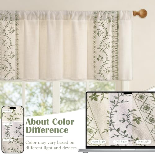 Image of Yinhua Boho Valances for Windows Sage Green Embroidered Floral Valance Curtains, Light Filtering Farmhouse Window Valances Rod Pocket Kitchen Valance Curtains for Living Room, Bathroom, 52 inch W x 18 inch L