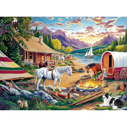ZHISEOYI Jigsaw Puzzle, 500 Piece Jigsaw Puzzle for Adults Kids, Lakeside Camping Horse Dog Puzzle 500 Pieces, Birthday for Family Game Nights, Finished Size 20.5 x 15 in