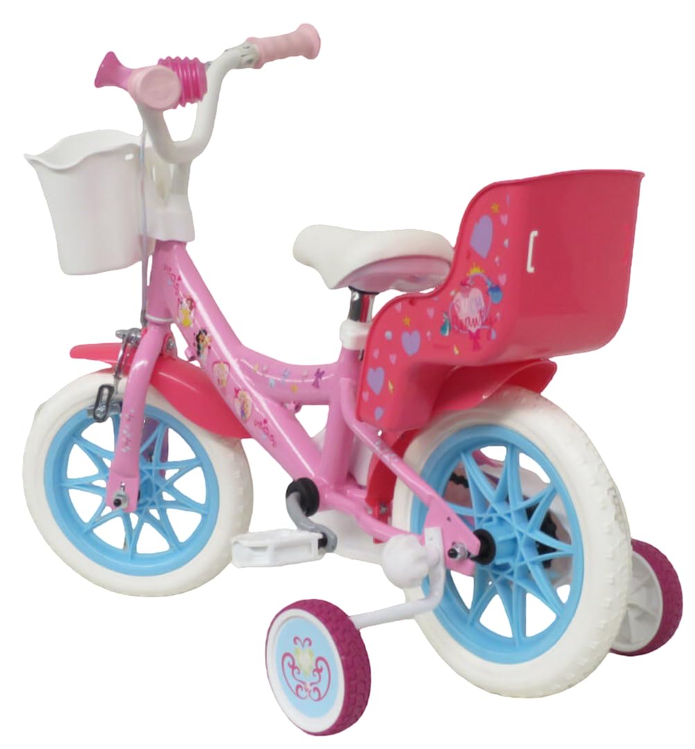 bicicletta da 12 pollici di Disney Principesse con stabilizzatori laterali, portabambole, cestino anteriore personalizzato. Made in Italy
