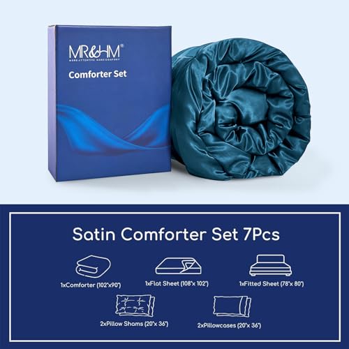 MR&HM Satin Comforter King 7 Pieces - Luxurious Pinch Pleat Bedding Set with Comforter, Flat Sheet, Fitted Sheet, Pillowcases & Shams, Super Silky Soft Bed Set for All Season (King, Teal)