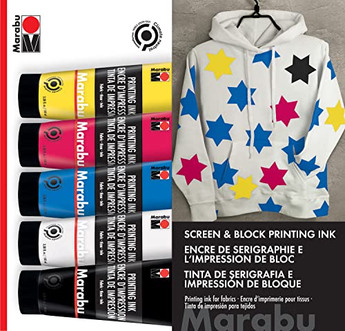 Marabu Fabric Screen Printing Ink - Set Of 5 Colors Water-Based Screen & Block Printing Ink - Primary Yellow, Magenta, Cyan, Buff Titanium Light, And Carbon Black Screen Print Ink - Large 100Ml Tubes #TOP1