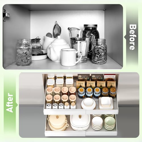 2PCS Pull Out Cabinet Organiser, 32-52cm Extendable Slide Out Kitchen Drawer Adhesive,Upgrade 3-Rails Slide Drawers Storage Shelves with Rail System for Kitchen Base Cabinet Organization - Image 5