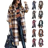 Vliolat Womens Lounge Plaid Lapel Woolen Button Up Long Shirts Coat Casual Long Sleeve Tartan Shacket Jacket with Pockets