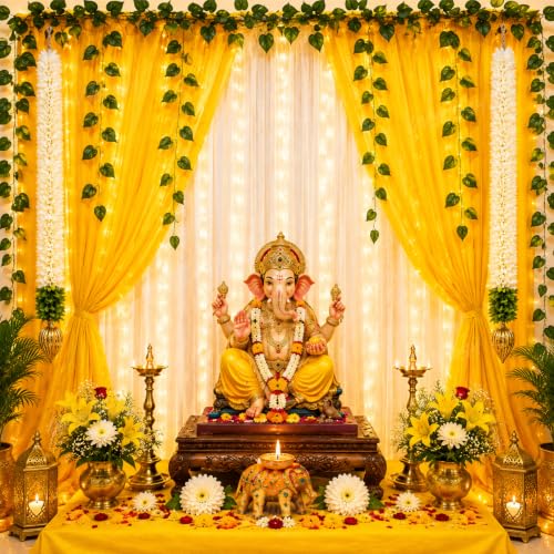 Image of Divyakosh Ganpati Decoration Set (15 Pcs) for Home, Ganesh Chaturthi Backdrop, Ganesha Setup Fabric Garlands, LED Lights, Dahlia Flowers & Elephant Diya