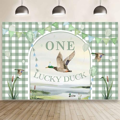 MEHOFOND 7x5ft Duck Hunting Backdrop Party Decorations One Lucky Duck Animal Photography Background Mallard Duck Balloon Arch for Kids Birthday Party Supplies Photo Booth Props