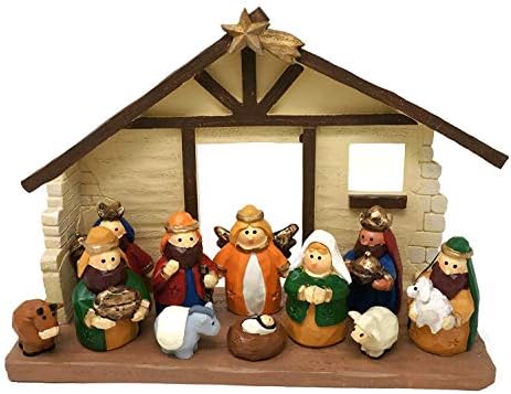 One Holiday Way 8-Inch Medium Rustic Colorful Kids Christmas Nativity Scene with Creche, Set of 12 Figures - Small Mini Decorative Religious Figurines Christian Tabletop Desk Office or Home Decor