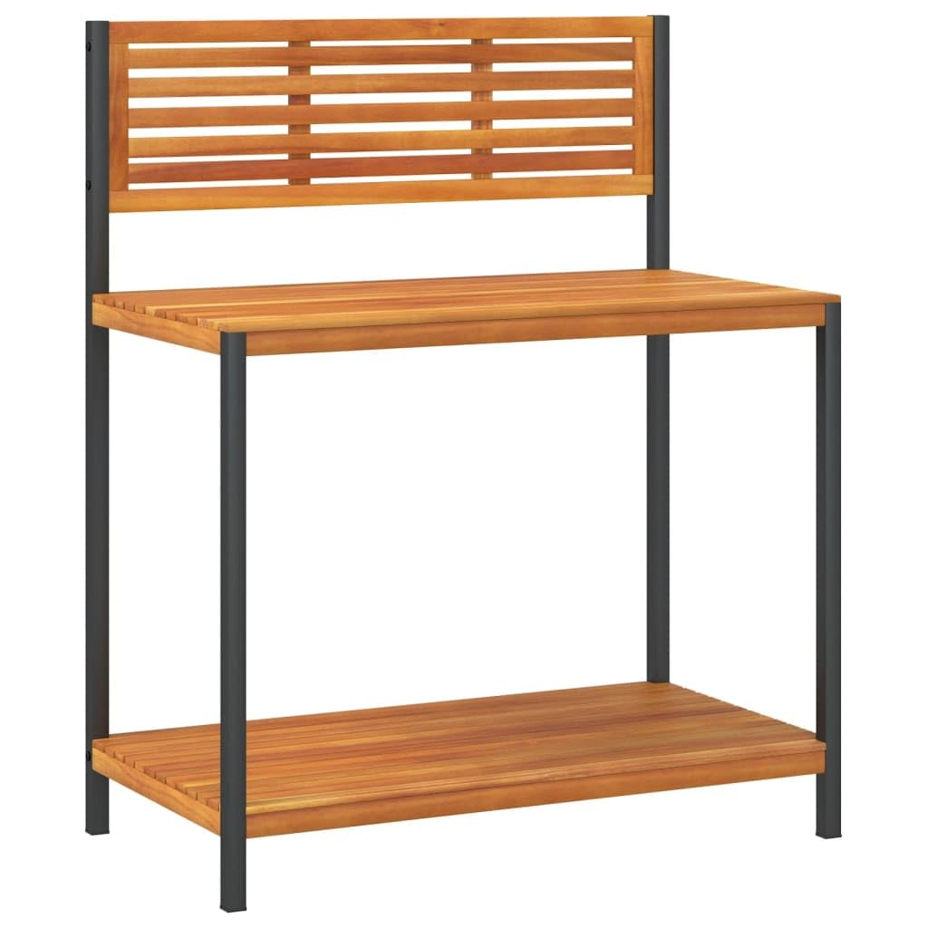 Garten-Arbeitstisch 90x50x110 cm aus massivem Akazienholz und pulverbeschichtetem Stahl mit Ablage, Aufkantung, wetterbeständig für Outdoor Pflanztisch und Pflanzenzubehör