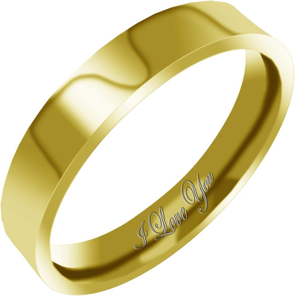 Everstone Women's Shiny Polish 4MM & 6MM Flat Promise Ring Wedding Bands Titanium Ring Color: Yellow Gold Engraved I Love You