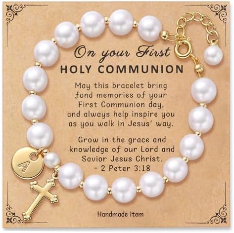Miss Pink Initial First Communion Gift for Her, Catholic Holy Rosary Bracelet for Goddaughter Granddaughter, 1st Cross Bracelets Jewelry Favor (A)