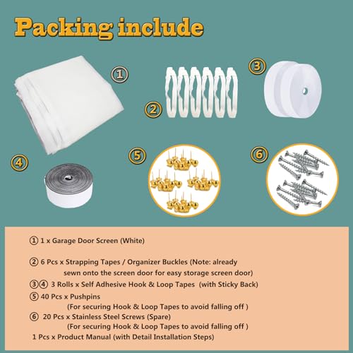 Image of Magnetic Garage Door Screen 16x7ft Mesh Net Curtain, Pets friendly, Retractable Fiberglass doors Cover Closure for Carport Patio sunroom balcony porch gazebo backyard greenhouse RV (White, for 16x7ft)