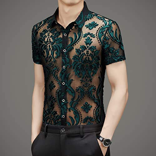 Men Women See Through Shirts Sexy Short Sleeve Night Club Fishnet Lace Shirt3
