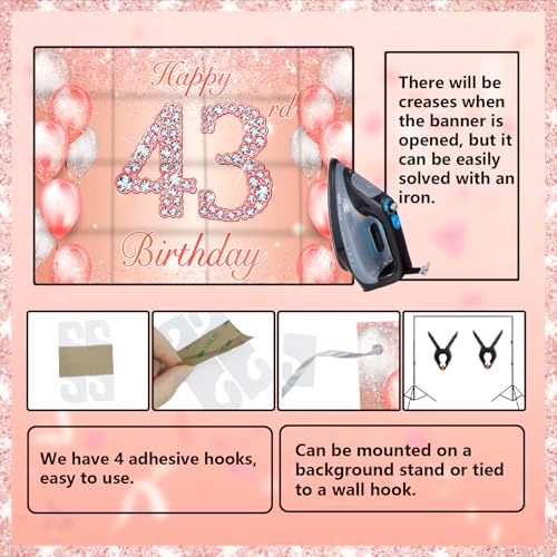 Image of Happy 43rd Birthday Rose Gold Banner Cheers to 43 Years Old Backdrop Confetti Balloons Theme Decor for Women 43 Years Old Pink Birthday Party Decorations Bday Supplies Background Favors Gift Glitter