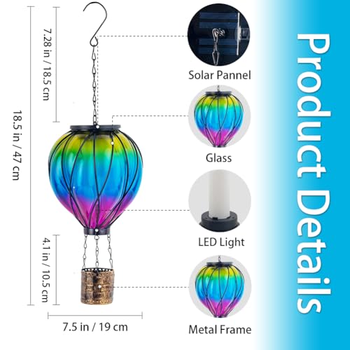 Giole Solar Hot Air Balloon Outdoor Lantern with Flickering Flame, Hummingbird Pattern Glass Hanging Outdoor Solar Powered Lantern Waterproof Decorative Lantern Lamp for Patio, Garden, Porch - Thumbnail 2