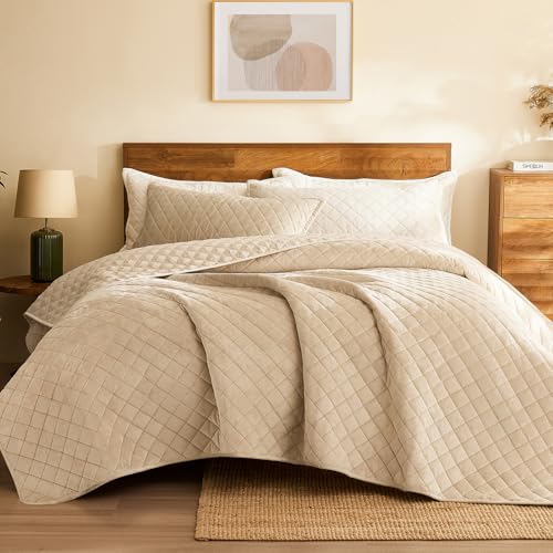 L'AGRATY Velvet Quilt Queen Size: 3-Piece Reversible Luxury Velvet Bedding Comforter Set - Lightweight Oversized Quilted Bedspread Coverlet with 2 Pillow Sham for All Season - Light Taupe Quilt