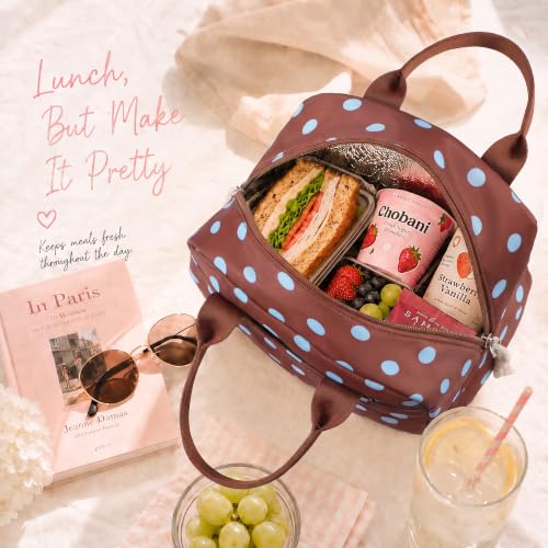 Image of LOVELYWIND Brown Blue Polka Dot Lunch Box For Women, Insulated Lunch Bag | Brown Lunch Bag With Blue Polka Dots; Cute Insulated Lunch Box Tote For Work, Travel, Beach, And Daily Meals.
