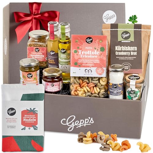 Gepp's Feinkost Geschenkkorb mit vielen Delikatessen & Geschirrtuch I Geschenkset mit Gourmet-Pesto, Pasta-Gewürz, Brotbackmischung,Bio-Olivenöl & Kräutersalz I Präsentkorb zu Weihnachten