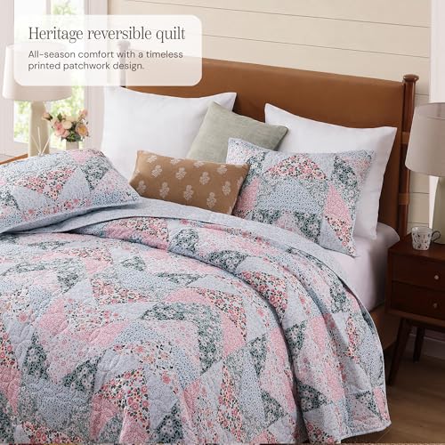 BLOOMHAVEN Quilt Set King Size, Patchwork Pink Floral Quilt Sets, Reversible Bedspread Lightweight and Breathable for All Seasons, Soft Quilted Bedspread with 2 Pillow Shams by BLOOMHAVEN - Used condition - Image 2