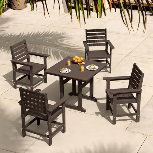 Homenjoy Outdoor Table and Chairs Set 5 Pieces, HDPE Weather Resistant Patio Dining Set with Umbrell Hole, Square Outdoor Dining Table with 4 Patio Chairs, Patio Dining Set for Balcony, Dark Brown