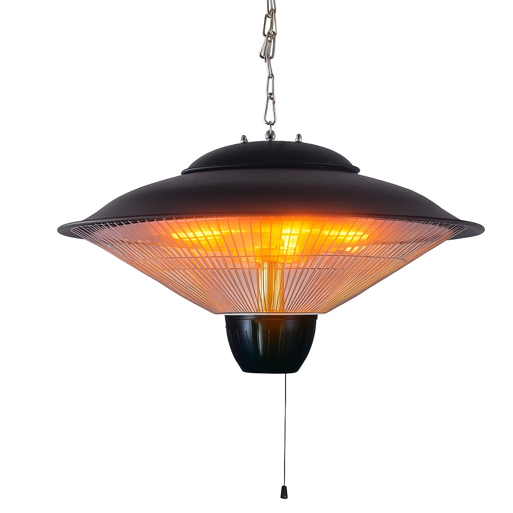 HOME It® Hängender Infrarot-Terrassenheizer – 2 Halogenröhren, 750/1500W, Schnurzugsteuerung, IP34 Spritzwassergeschützt, Aluminiumgehäuse, 500mm Durchmesser, Schwarz