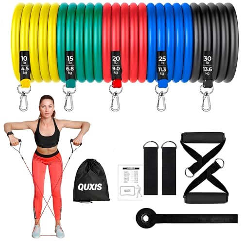 QUXIS Resistance Bands Set, 5 Exercise Bands 4.5-13.6 kg, with Ha...