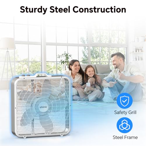 Image of shinic 20 inch Box Fan with Thermostat, 3-Speed Metal Frame Window Box Fan with Carry Handle & Non-Slip Feet, Auto Temperature Control Cooling Fan for Bedroom, Garage, Home Office, Basement