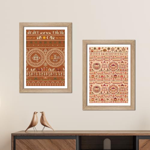 Image of TenorArts Traditional Tribal Folk Art Photo Frame Set of 2 , Indian Rural Arts Decor Wall Hanging Painting For Bedroom Living Room Cafe and Home decor / Minimal Drawing Framed Posters for Decoration (9x12 inches) [T2P-03T]
