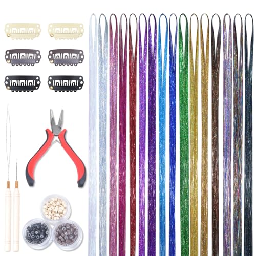 Image of WENNALIFE Hair Tinsel Kit for Girls, 16 Colors 3200 Strands 48 Inch Fairy Kit Heat Resistant Glitter Tinsel Hair Extensions Kit with Tools Christmas Feathers Sparkle Strands