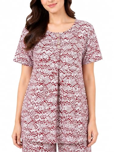 Image of KIAWAH Women Printed Night Suit Set, Cotton Blend Night Suit, A-Line Top and Pajama Set, Soft and Breathable Night Wear