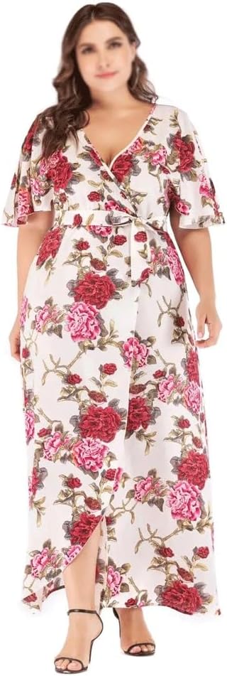JSEIAJB Maxi Dresses for Women V Neck Short Sleeve Floral Print Boho Dress Long Belted High Waist Beach Dress(5X-Large)